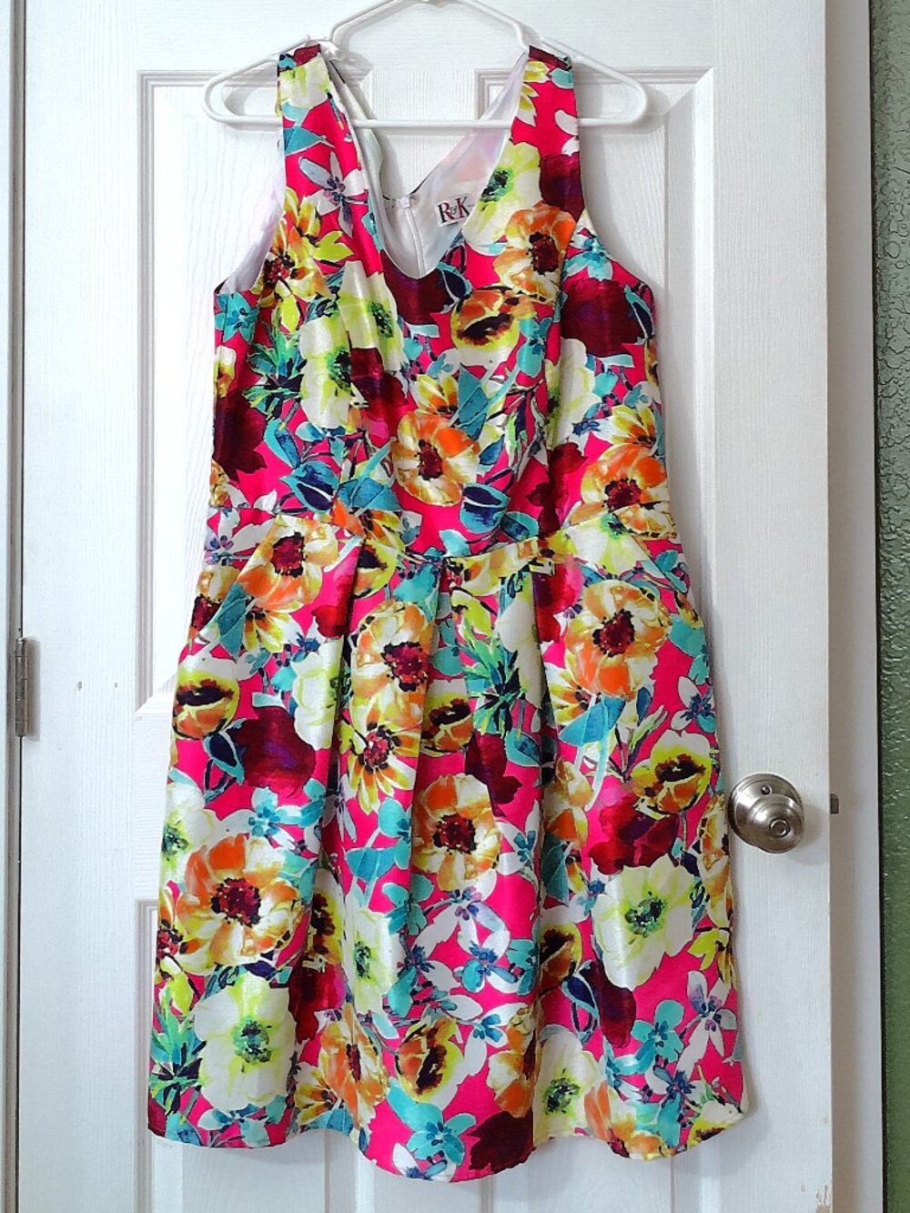 Floral A-Line Midi Dress in Fuchsia and MulticolorWith Pockets!!!